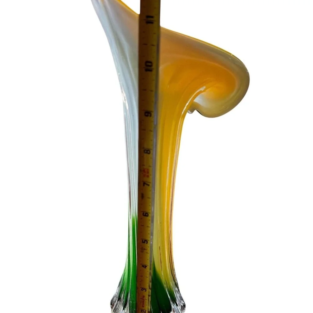 Vintage Hand‎ Blown Glass Calla Lily Vase Yellow Green Frosted Ribbed 11 Inch